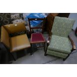 A 20th Century oak upholstered arm chair, with a similar bedroom chair,