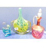 Mdina & similar art glass pieces together with early ruby glass decanter(3)