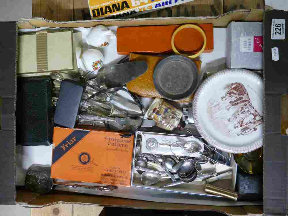 A mixed collection of items including early razor sets, silver plated cuttlery,