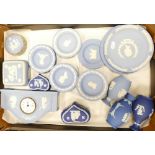A collection of Wedgwood jasper & dip blue items including pin trays, clocks,