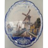 19th century Dutch Delft large oval wall plaque decorated with windmill, boat and farm,