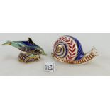 Crown Derby large snail (silver stopper) and baby bottle nosed dolphin (gold stopper) paperweights