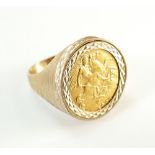 Half sovereign gold coin 1908 set in 9ct gold gents ring, gross weight 9.1g.