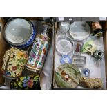 Two trays of mixed items including ceramic bowls, vases,