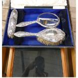 Solid silver cased brush set together with glass fronted small display case