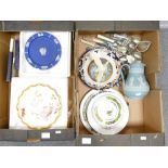 A mixed collection of items including Wedgwood jug, dip blue wall plate,