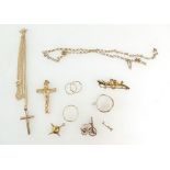 Group of 9ct gold and gold coloued metal jewellery including rings, crosses, chains etc. 26.