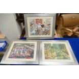 Three large period prints in silver frames with themes of kitchen life, work life,