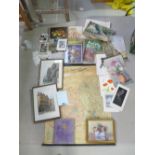 A collection of mixed media artworks to include, watercolour and oil paintings, a roll map,