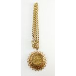 22ct gold half sovereign gold coin 1902, in 9ct gold mount, & 9ct gold belcher neck chain 42cm.