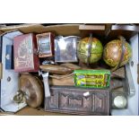 A mixed collection of items to include a pair of globe bookends, wooden boxes,