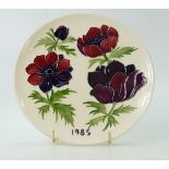 Moorcroft 1985 year plate decorated in the pink anemone design,