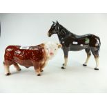 Large Melba ware Hereford Bull and similar horse,