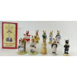 Royal Doulton Bunnykins Nurse DB74 (2), Queen of the May DB83, Dollie DB80, Home Run DB43,