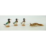 Royal Doulton model of a slinking fox HN147 and 3 models of Mallard drakes HN807 (4)