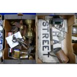 A mixed collection of items to include assorted metal damaged street sign, oil lamp, miners lamp,
