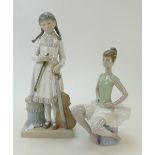 Lladro figure of girl with violin(broken bow) & seated ballet dancer(2)