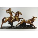 Large bronzed resin figure naked horse rider and dogs