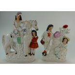 Large Staffordshire flatback figure of a girl on horse with man attending 34cm,