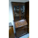 20th Century inlaid and x banded astral glazed bureau bookcase