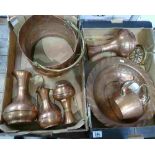 A collection of copper items including Coal Scuttle, Beaten Fruit Bowl,