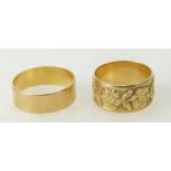Two x 18ct gold wedding rings / bands - Larger plain band V1/2, the smaller fancy one size Q.