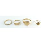 Four assorted 9ct gold & gold coloured metal rings, 9.9g gross.