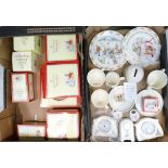 A collection of Royal Doulton Bunnykins theme items including boxed clocks, wall plates,
