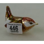 Royal Crown Derby paperweight Wren , with gold stopper,
