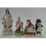 Four Staffordshire figures including; Red Riding Hood, (chip to base), Shepherdess & sheep,