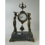 A quality reproduction decorative bronze clock with two ladies holding up the centre clock dial on