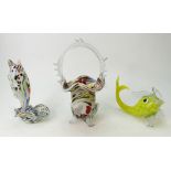 Collection of Murano glass items to include 2 fish and a bon bon dish.