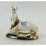 Royal Crown Derby paperweight of a Unicorn, millennium special, limited edition with gold stopper,