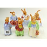 Royal Doulton second version set of 6 Bunnykins figures Reggie DB474, Mother DB472, Mary DB473,