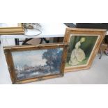 Large framed pictures depicting a girl and a boating scene (2).