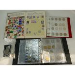 Collection of coins in 2 albums & a general stamp album - German 10 Mark silver (grade unknown)