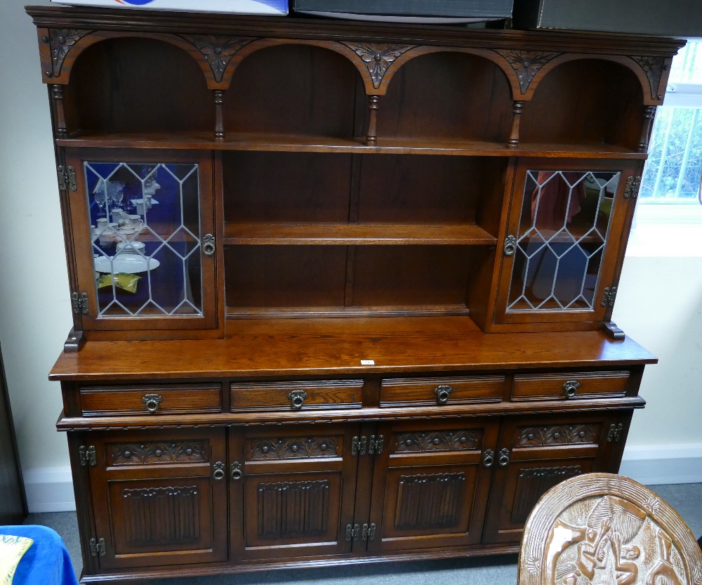 20th Century oak large old charm dresser sideboard with a four over base and two lead glazed doors