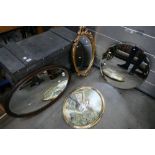 A small selection of mirrors to include a Art Deco bevel edged circular mirror,