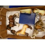 A collection of items including Royal Dux elephant , Beswick Horses (some damaged),