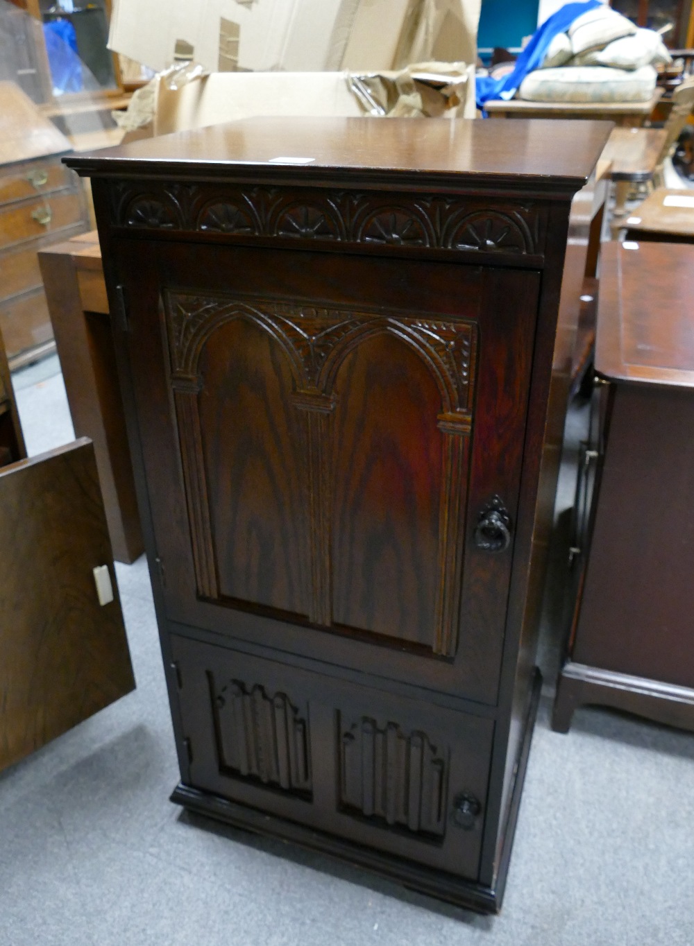 Unmarked but presumed old charm 20th Century oak record cabinet