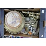 A mixed collection of items to include brass ware, wall plates,