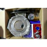 A large collection of silver plated & stainless steel items to include serving platters, bottle