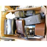 A Collection of vintage 35mm film camera equipment include Halina TLR camera, Fuji Digital items,