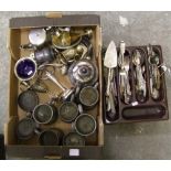 A collection of Pewter tankards, silver plate goblet, silver knife and forks etc ( 1 tray)