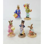 Royal Doulton Bunnykins figures Easter Treat, Birthday Girl, Queen Guinevere, Hornpiper and