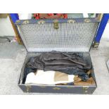 A large collection of vintage leather & PVC type casual jackets, coats in navy style traveling trunk