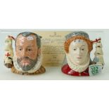 Royal Doulton small character jug Queen Elizabeth I D6821 together with King Philip od Spain