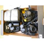 a collection of Nikon branded 35mm camera equipment inluding F301,F50,F401x cameraa bodies fitted