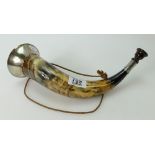 Cow horn hunting horn with silver plated (worn) mounts, 30cm long.