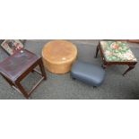 An assortment of stools to include a beige embossed leather stool/pouf,